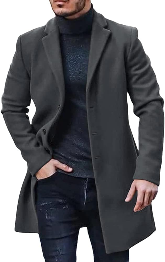 51SUvXxAYrL._AC_SL1000_.jpg Men's Trench Coat Slim Fit Notch Lapel Single Breasted Top Coat Winter Warm Cotton Business Long Jacket Overcoat - Image 1
