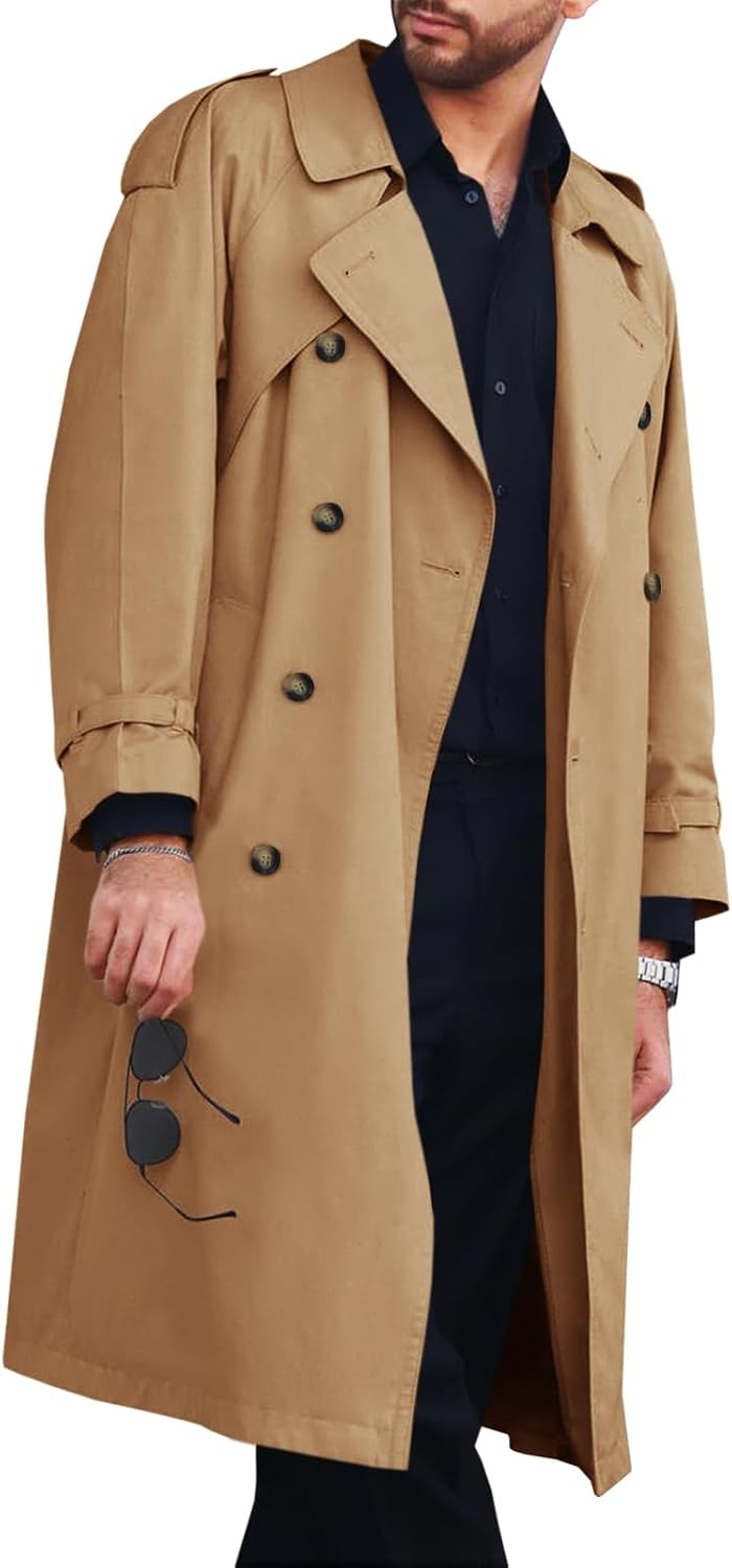 615uv9iwg0L._AC_SL1500_.jpg Mens Trench Coat Double Breasted Long Jacket Casual Windbreaker Notched Lapel Belted Overcoat - Image 1