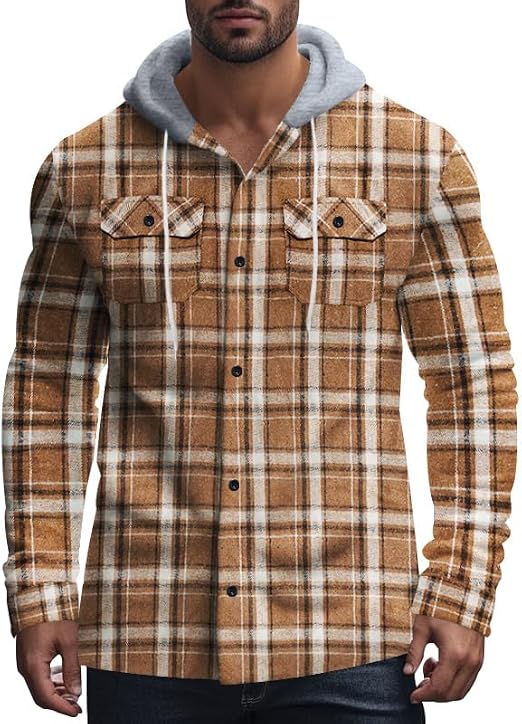 61lUQTuTRL._AC_SX522_.jpg Men's Flannel Hoodie Shirts Long Sleeve Button Down Plaid Shirt Casual Loose Fit Fashion Shacket Jacket with Pockets - Image 1