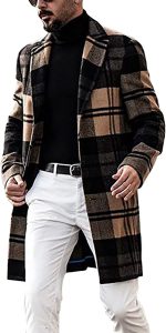 Men's Casual Notched Collar Plaid Single Breasted Wool Blend Formal Trench Top Coat