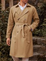 Mens Trench Coat Double Breasted Long Jacket Casual Windbreaker Notched Lapel Belted Overcoat - Image 2