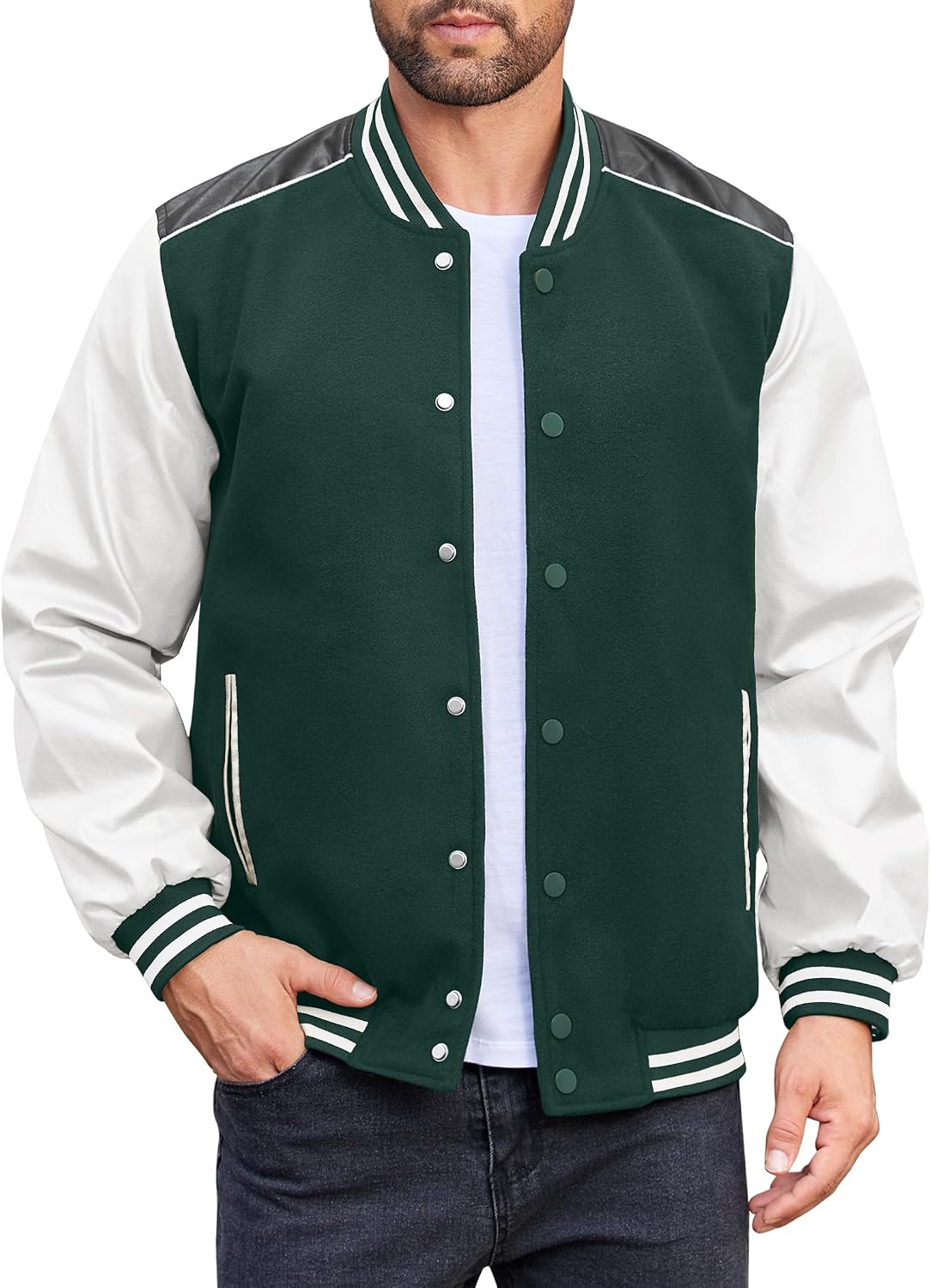 71cCt-Lx8CL._AC_SL1500_.jpg men Varsity Jacket Casual Leather Sve Baseball Letterman Bomber Jacket Coat - Image 1