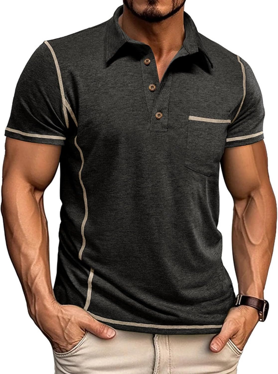 71zwLG9jBtL._AC_SL1500_.jpg Men's Casual Polo Shirts Button Collared Short Sleeve T Shirt Classic Stylish Pullover Tee with Pocket - Image 1